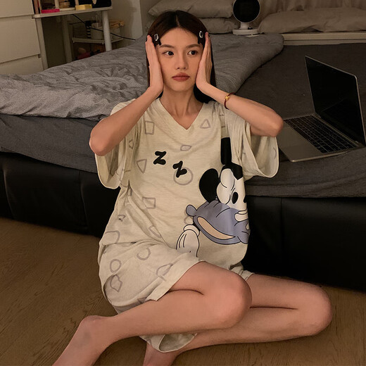 Modal-Pyjama für Damen, wendbar, sommerlich, neu, V-Ausschnitt + Rundhals-Kurzarm-Shorts, süßes Homewear-Set 9901w# Sleepy Mickey XL