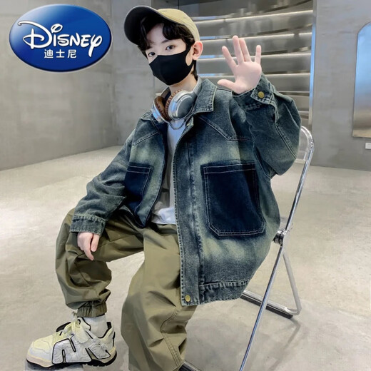 Disney (Disney) children's clothing, boys' autumn jackets, spring and autumn new models, medium and large children's boys handsome denim autumn hooded trend, retro color 130