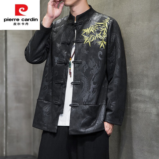 皮尔卡丹（pierre cardin）中国风男装唐装男盘扣中山装中老年复古新中式鹿皮绒刺绣夹克外套 Y756粉色 M 100-120斤