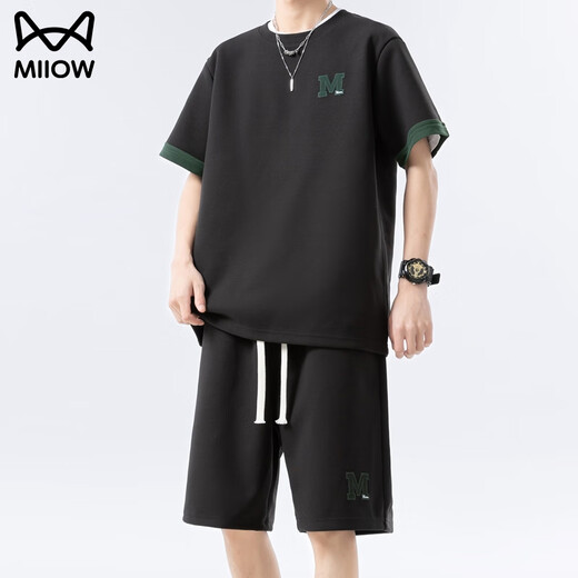
Catman ice silk casual suit men's cool quick-drying handsome thin loose sports teen shorts shorts two-piece 6677 apricot color XL