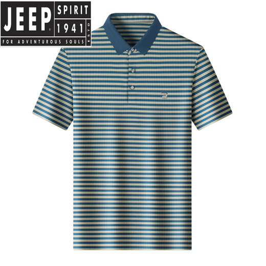 JEEP SPIRIT新款夏季冰丝短袖t恤男士撞色条纹休闲翻领POLO.衫凉感上衣爸爸装 蓝色 GR-9207【冰丝凉感】 M 48 (适合95-115斤)