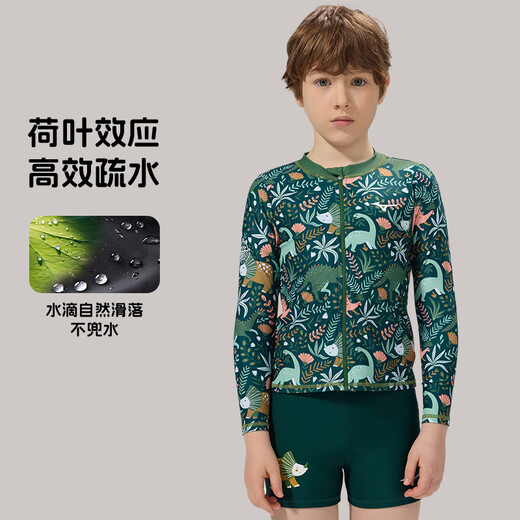 Mizuno children's swimsuit boys split quick-drying professional sun protection medium and large children boys and adolescents swimming long-sleeved new swimsuit dinosaur green 120 suitable for 115-125cm 22-24kg