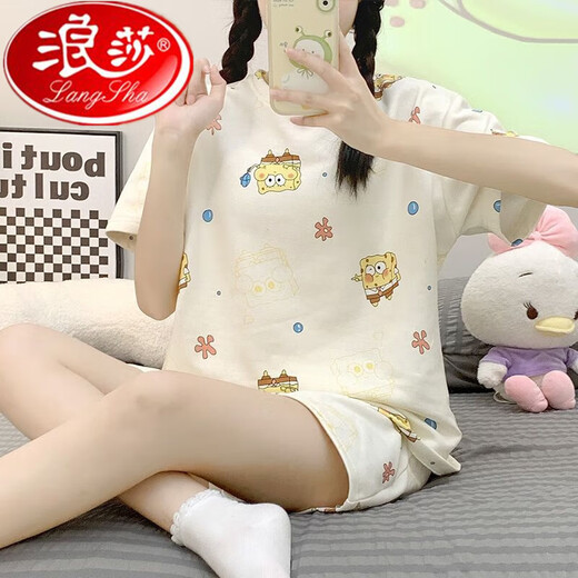 Langsha cotton pajamas for women short-sleeved cartoon round neck loose large size shorts student home clothes summer thin suit skin color 1047 puppy M