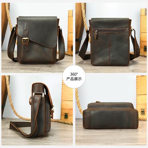 MVA (MVA) cowhide men's shoulder bag, genuine leather crossbody bag, Crazy horse leather retro casual men's shoulder bag trendy 6227 coffee color