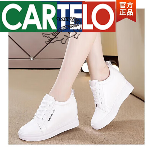 CARTELO genuine leather inner height increasing women's shoes 2023 new spring and autumn leather shoes Korean version versatile wedge travel leisure sports white shoes white single shoes 34