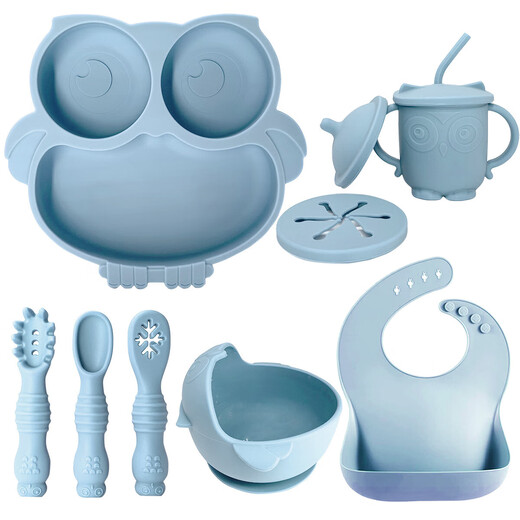 
Baby supplementary food silicone tableware set for children's silicone suction cup bowl baby spoon silicone meal plate owl meal plate beige-3 piece set for fork spoon