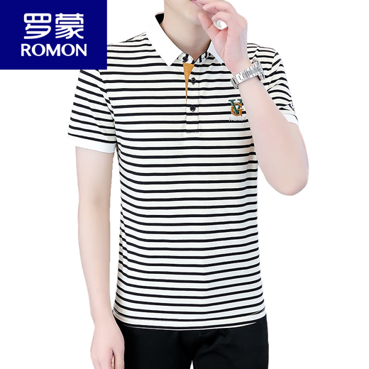 Romon kurzärmeliges T-Shirt für Herren-Sommer-Eis Silk-Polo-Hemd gestreiftes Stick-Revers-T-Shirt atmungsaktives halbärmeliges Top 6626 Khaki M [80-100jin [Jin ist gleich 0,5 kg]]