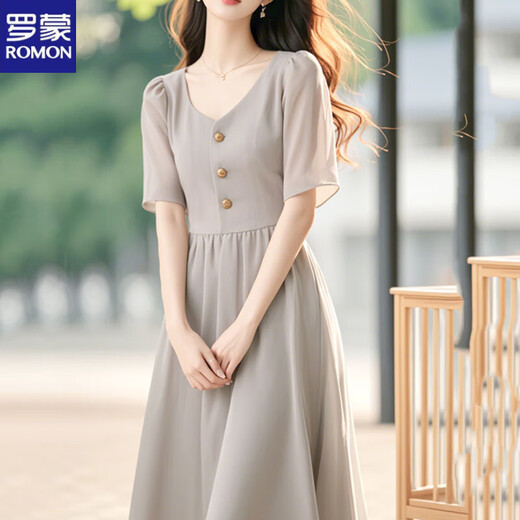 Romon (Romon) 2025 Neues Sommer-High-End-Kleid mit kurzärztem Kleid für Frauen, würdiger und atmosphärischer langer Rock cooler Stil Graues Chiffon Grey Kleid xl
