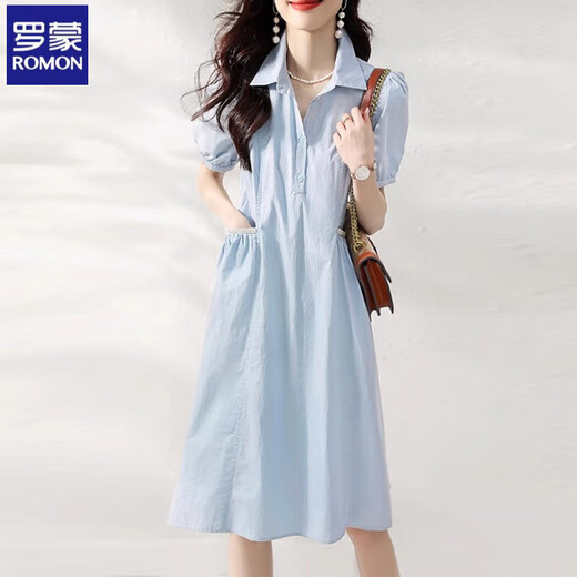 Romon French temperament dress for women 2025 new small person age-reducing simple waist-hugging and slimming casual high-end shirt skirt Blue M [100-110Jin[Jin equals 0.5 kg]]