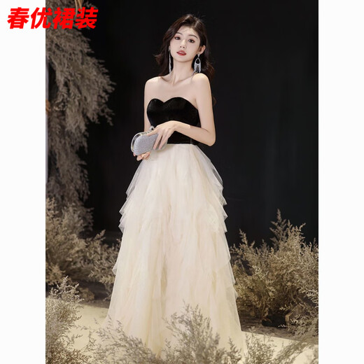Bajintu Banquet Tubeless Evening Dress for Women New Style Birthday Art Exam Dress Light Luxury Niche High-end Annual Party Black S
