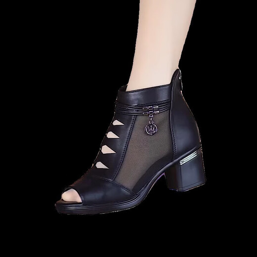 Meister Zulijian Römisch -echtes Ledersandalen für Frauen 2025 Sommer Neues Mesh Kurzstiefel modische Sandalen für mittlere Dicke Heel Hollow Fish Mundschuhe Wenzhou Huidong ist nicht müde von ihren Füßen und trägt Lochschuhe draußen - schwarze 35 Sandalen für Frauen 2025 New New New New New New neu