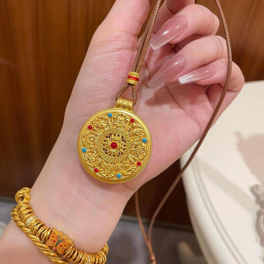 Vietnamese Sand Gold Eight Treasures Compass Necklace for Men and Women, Ancient Heritage Pendant, Gold Braided Rope Fu Brand Sweater Chain, Eight Treasures Compass + Brown Ruyi Rope, Gift Box Style