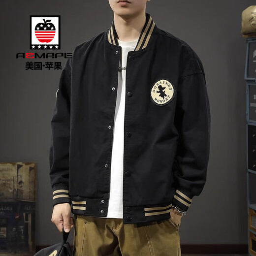 AEMAPE spring handsome new baseball uniform men's cotton jacket spring and autumn large size American 2025 men's casual flight jacket 2223 jellyfish black regular XL recommended 135-160Jin Jin equals 0.5 kg