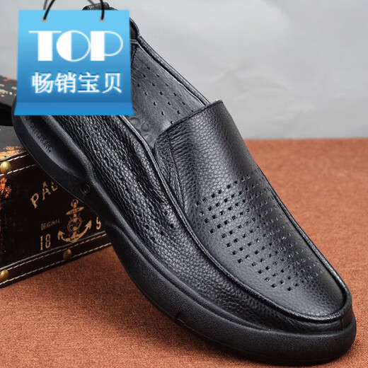 Belle Trail Serie atmungsaktives Stanzen und Loch Sandalen Herren hohl Lederschuhe Herren Soft Soft Dad's Schuhe Echtes Leder Geschäftsluhe Schwarz 6198 Hollow 37 Dieses Modell ist eine Größe größer