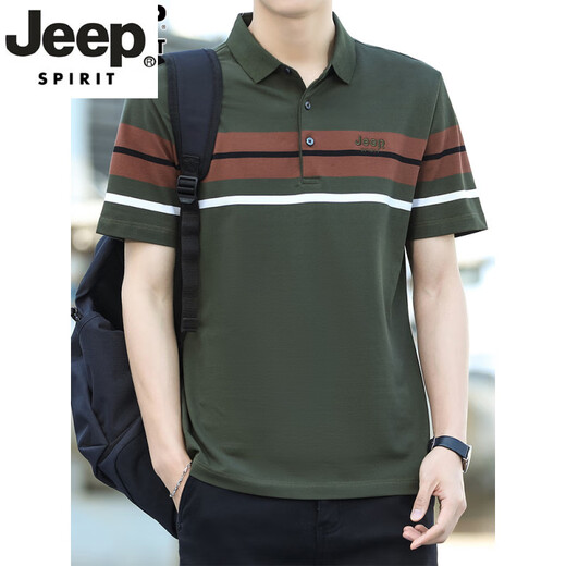 JEEP SPIRIT高端新款男士纯棉短袖t恤2025夏款条纹体恤商务休闲翻领polo衫男 6231深灰色 M 100-120斤