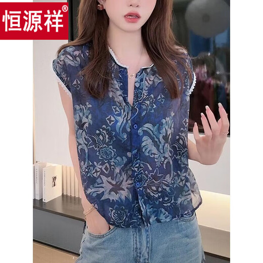 恒源祥2025夏季新款时尚国风印花洋气中式休闲衬衫女独特漂亮飞袖小个子 深蓝色 M 建议100-110斤