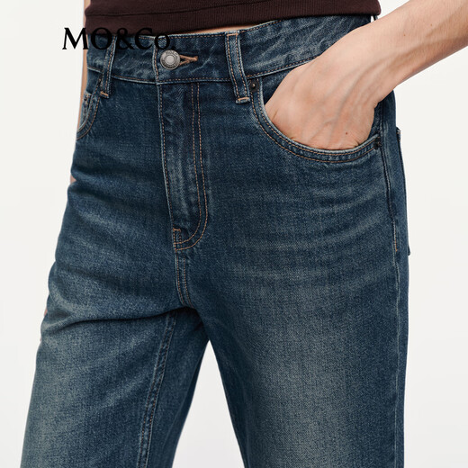 Mo/co. Jeans 2025 Herbstes neues Produkt Baumwolle Neun-Punkte Kleine geraden Katzen Whisker Waschmittel und hohe Taille MBE3Jent05 Denim Blue L 28