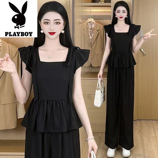花花公子（PLAYBOY）时尚休闲套装女2025夏季新款洋气减龄方领短袖小个子阔腿裤两件套 咖色【上衣+裤子】好质量套装-旗 3XL 【建议140-150斤】