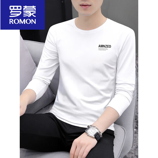 罗蒙（ROMON）百搭男士长袖t恤潮牌潮流纯色内搭秋装上衣服秋季秋衣修身打底衫 9209白色 M 90-115斤