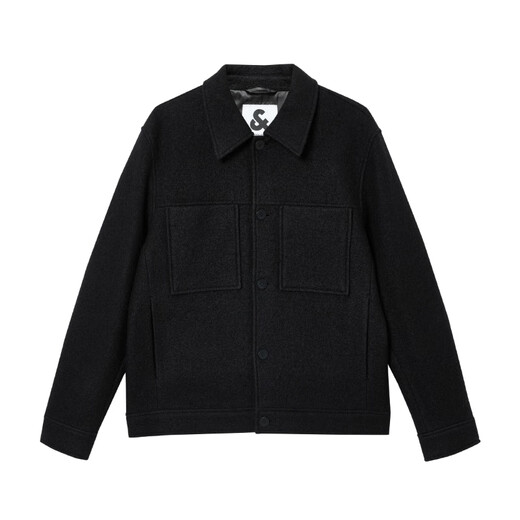 JACK&JONES 25-year men's autumn men's woolen coat solid color wool 100% woolen coat men's short woolen coat E43 pure black slightly loose, card size is small M (175)