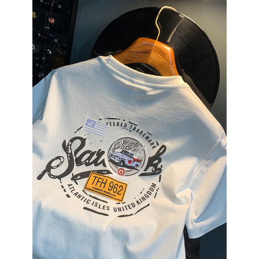 T-shirt blanc pour le t-shirt imprimé de tendance haut de gamme pour hommes pour hommes American Light Luxury Xinjiang Cotton T-shirt à manches courtes confortable Venture noire HJ9906-1 NO. Manche m adaptée à 90-108jin [Jin est égal à 0,5 kg]