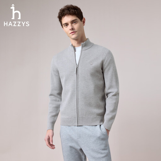 HAZZYS Men's 2025 Autumn New Wool Blended Jacket Zipper Stand Collar Knitted Cardigan Men's ABYZD0CCDD8 Gray GE L (175/96A 48)