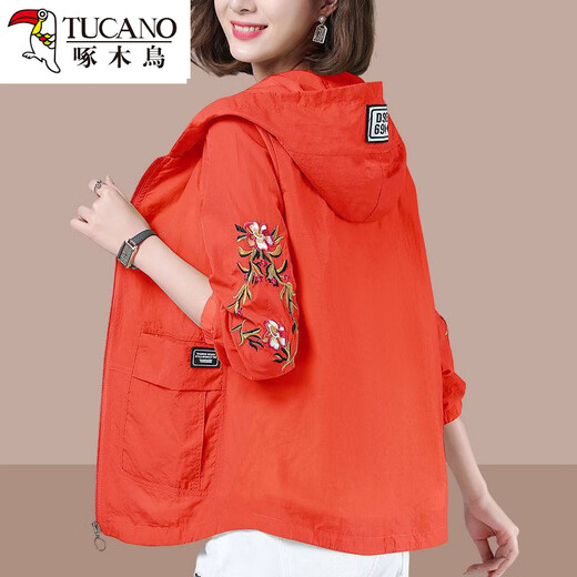 Specht im mittleren Alter Mutter Sonnenschutzkleidung für Frauen 2025 Sommer neue Sonnenschutzkleidung für Frauen Langarm Dünne Jacke Mode Stickerei-Orange 5xl [vorgeschlagen 160-175jin [Jin ist gleich 0,5 kg]]