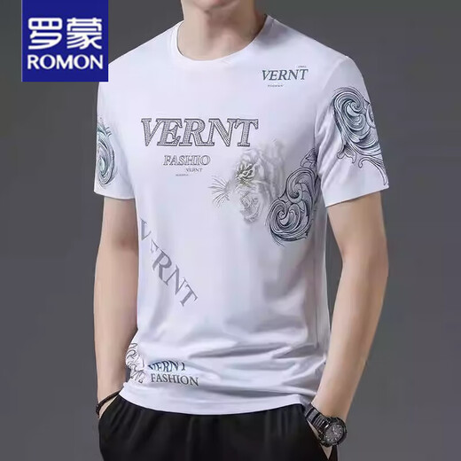 Romon Summer New Ice Seide Kurzärärmelte T-Shirt für junge und mittlere Männer runden Halsabdruck trendy dünner Top Casual halbärmelige Hemd Weiß 733 M 165 [Empfohlen 100-120 Jin [Jin ist gleich 0,5 kg]]