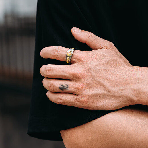 Mingyang Decoration Sea 925 sterling silver 3D yellow God of Wealth ring men's high-end retro original design national trend index finger ring US size 11# (suitable for Hong Kong sizes 25-26)