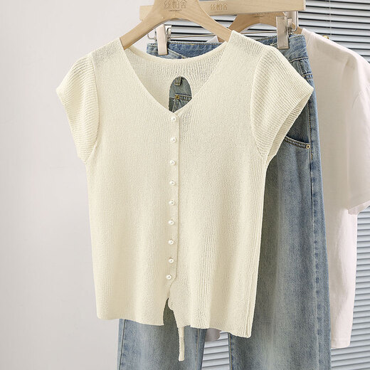 丝柏舍V领针织衫2025夏装新款女装单排扣修身显瘦镂空短款上衣