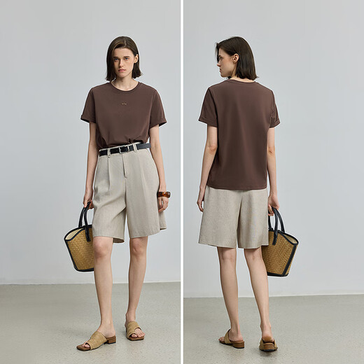 
LILY2025 summer new women's clothing retro simple basic embroidery casual versatile front shoulder round neck short-sleeved T-shirt 701 brown L
