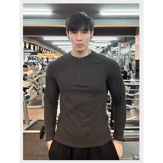 American fitness slim long-sleeved t-shirt for men in autumn new zipper sports sweatshirt for men trendy versatile tops for men dark gray XL recommended 120-140Jin Jin equals 0.5 kg