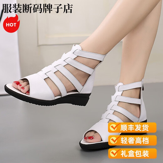 Satchi leichte Luxus Sommer Neue echte Leder Römische Schuhe flache vielseitige Sandalen Großgröße hohle High-Top-Fisch-Mundschuhe Frauen Sandalen schwarz 35