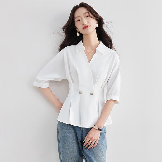
Shangdu Bila light and fashionable commuting shirt for women with five-point sleeves and temperament design double-breasted placket waist shirt