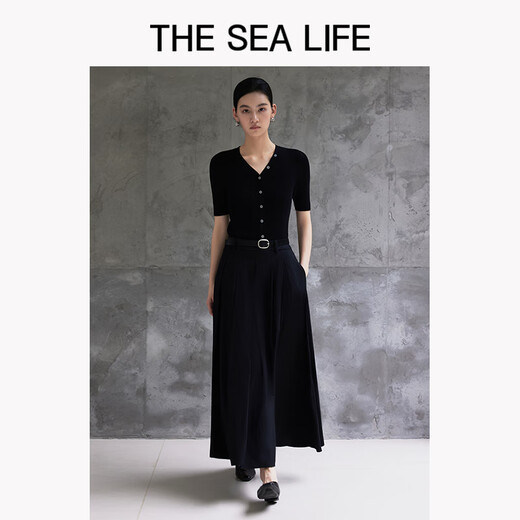 The Sea Life Strick kurzärmelig OU Hai All Life Temperament Kurzärmelige Pullover für Frauen 2025 Herbst V-Neck Schlanker Körper 15868 Schwarzer Magier S