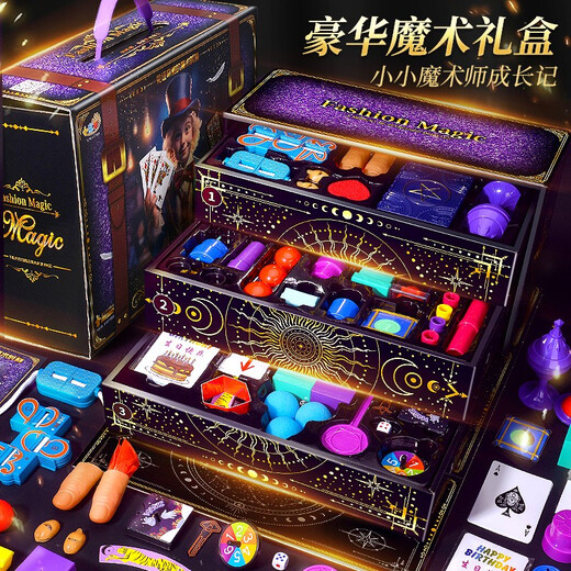 Shantou Lincun Magic Props Set Children's Magic Gift Box Toys Magicic Box Poker Card Face Change Performance Box King Magic Gift Box 47 pièces + Style pour filles / One Size