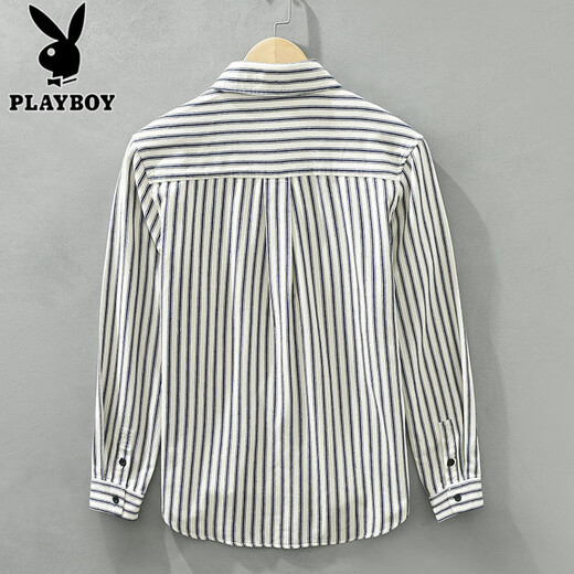 花花公子（PLAYBOY）长袖条纹衬衫男生休闲纯棉衬衣春秋季新款潮流时尚青少年牛仔外套 6625浅绿 L