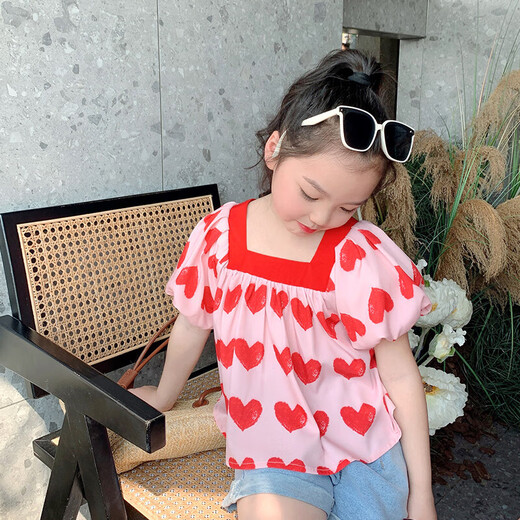 Mädchen Puffarm Shirt Kurzarm Sommer Neues Quadrat Halsband Top Mädchen Baby süßes koreanisches Kinderpuppenhemd 9934 Liebeshemd 120 120 cm