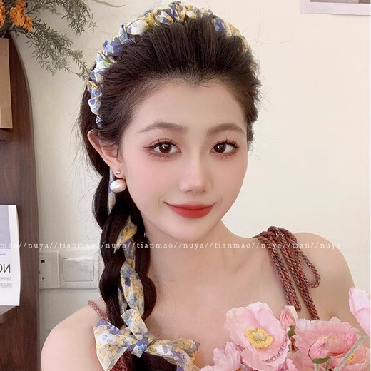 Songchuang Mengyu Pastoral Style Floral Tooth Comb Streamer Headband Women 2025 New Fairy Atmosphere Silk Scarf Braided Hair All-in-One Hair Accessory Floral Streamer Headband Purple Yellow