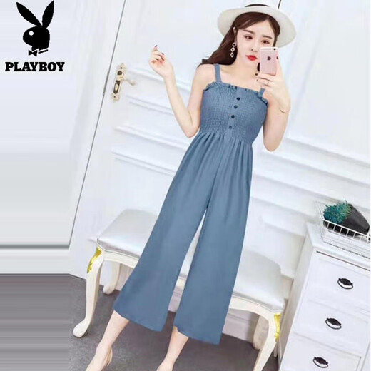 花花公子;PLAYBOY2025夏季韩版木耳边抹胸修身显瘦阔腿裤吊带连体裤女学生休闲裤子 黑色 S 建议70-85斤穿