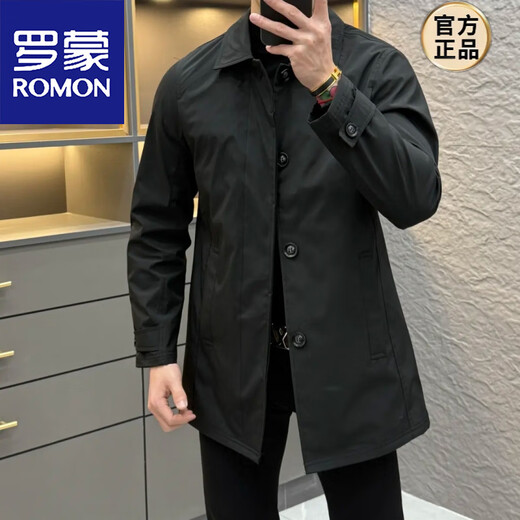 ROMON Spring and Autumn New Men's Versatile Mid-Length Lapel Standard Windproof Windbreaker Men's Casual Style Simple Light Luxury Jacket Black XL (125-140) Jin Jin equals 0.5 kg