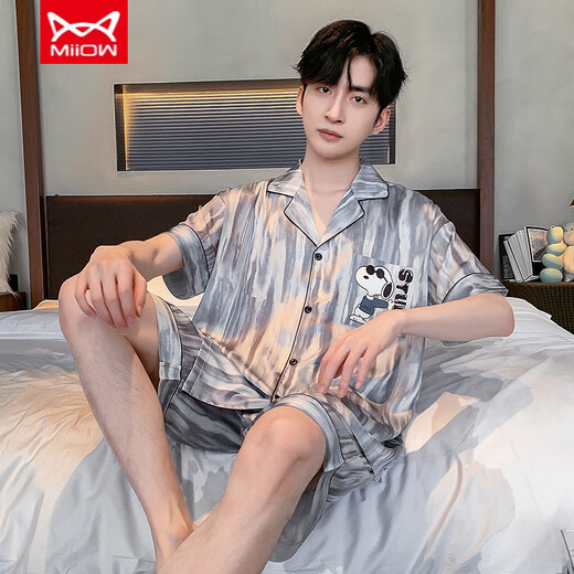 Catman (Miiow) Teenager Herren Pyjamas Sommer Cool Ice Seide Kurzarm Shorts Strickjacke Herren Dünne Lose große Heimkleidung 854# Soft Ice Seide L Männer [Empfohlen 90-120jin [Jin gleich 0,5 kg]]