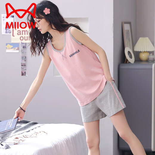 Catman (MiiOW) pajamas for women in summer pure cotton 2025 new vest suspender sleeveless women's summer casual home clothing summer LB: 9902 women's apricot bow English love pure cotton M [soft and skin-friendly, comfortable pure cotton]