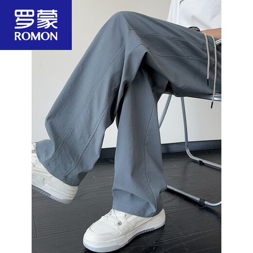 罗蒙（ROMON）男士裤子夏季薄款网眼透气直筒冰丝裤男生灰色美式速干裤休闲长裤 6636黑色+6632灰色 M