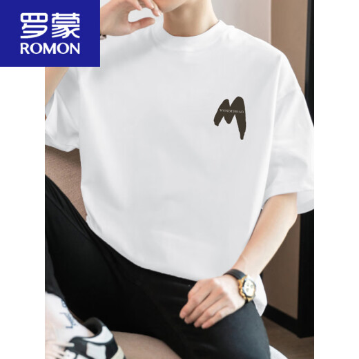 罗蒙（ROMON）260g美式重磅t恤男短袖纯棉圆领上衣服夏季潮流宽松棉半袖体恤 M09-694藏蓝色 XL 140-160斤