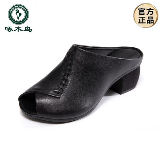 Holzspecker High-End Echtes Leder-Retro-Fisch-Mund-Pantoffeln für Frauen 2025 Neuer Sommer mit mittlerer Überhose ethnischer Stil dicker Absatz Halbdrag Schwarz 35