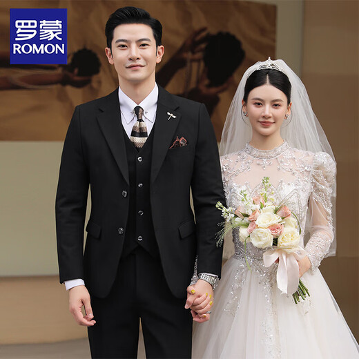 ROMON suit men's three-piece Korean style slim-fit small suit business casual professional formal dress groom wedding dress dark gray top + pants XL 52 120-135 Jin Jin equals 0.5 kg to wear