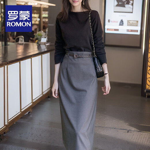Romon (Romon) 2025 Summer Commutation élégante Ol Suit Jirt Slim Jupe crayon française Tempérament coréen Version coréenne Jupe en une étape Gray (y compris la ceinture d'origine) S suggéré 80-93Jin [Jin est égal à 0,5 kg]