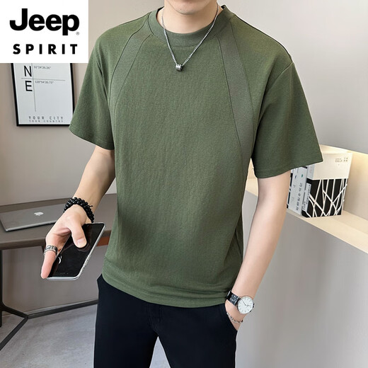 JEEP SPIRIT棉麻男士短袖t恤夏季新款2025设计感休闲圆领潮流百搭亚麻t恤衫男 9866绿色 M