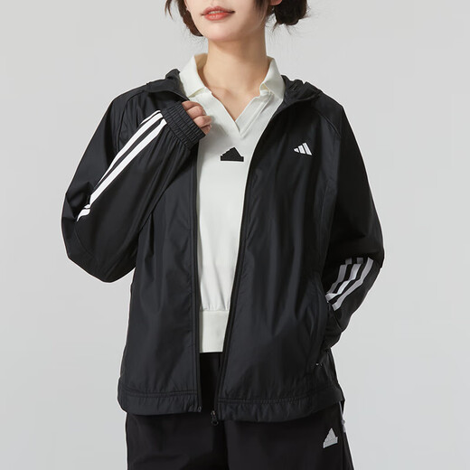 阿迪达斯（adidas）三条纹运动套装女2025春夏季新款户外防风梭织连帽夹克外套直筒裤 IS8036+JE1306 L